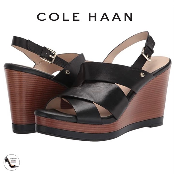 Cole Haan Womens Laci Black Platform Wedge Sandals Leather Slingback Heels 9.5 - Picture 2 of 13